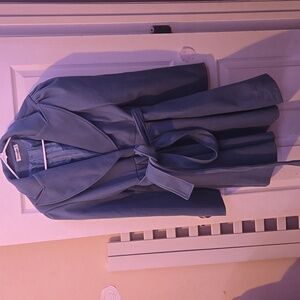 NWOT Grace Karin Women's Notch Lapel Long Puff Sleeve A-Line Pea Coat DUSTY BLUE